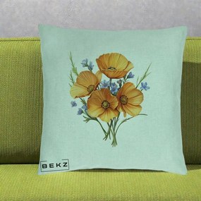 Perna Decorativa Maci Portocalii cu Floricele Albastre, 40x40 cm, Verde Menta, Husa Detasabila, Perna Inclusa, BEKZ®