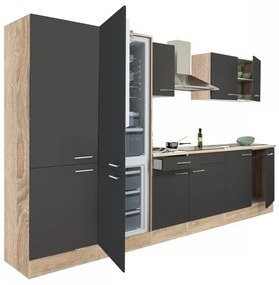 Mobilă de bucătărie Yorki 330 cu corp din stejar sonoma, față antracit satinat, dulap cu rafturi și frigider congelator inferior