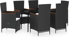vidaXL Set de masă pentru grădină, 7 piese, cu perne, negru