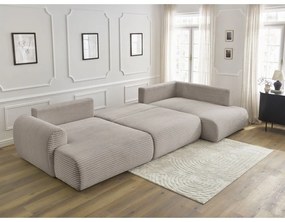 Colțar gri deschis/bej extensibil/cu spațiu de depozitare cu tapițerie din catifea reiată (cu colț pe partea dreaptă/în formă de "U") Lucien – Bobochic Paris