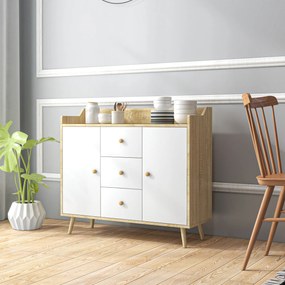 HOMCOM Comodă cu 3 Sertare și 2 Dulapuri cu Rafturi, Bufet Modern din PAL și Lemn de Pin, 90x32x80 cm, Alb | Aosom Romania