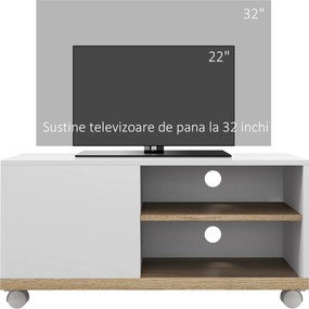 HOMCOM Dulap TV 42" Max cu 2 Rafturi deschise si Usa, Dulap TV Jos din PAL cu Roti, 80x45x39.5 cm, Alb | Aosom Romania