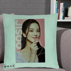 Perna Personalizata K-pop BLACKPINK Jisoo cu Semnatura si Fond Roz, 40x40 cm, Verde Menta, Husa Detasabila, Perna Inclusa, BEKZ®