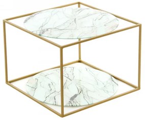 Masuta de cafea patrata din sticla cu spatiu de depozitare Cody 50x50x36 cm alb/auriu