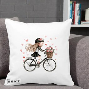 Perna Decorativa Fetita Kawaii pe Bicicleta cu Trandafiri si Inimioare, 40x40 cm, Alba Mata, Husa Detasabila, Perna Inclusa, BEKZ®