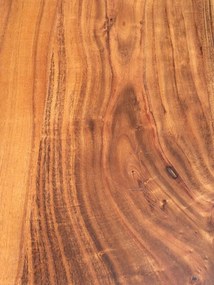 Masă dining cu bancă din lemn masiv de acacia, maro, 8 locuri, cu margini naturale și bază din metal negru, 77,5 x 180 x 96,5 cm, „Frequency”