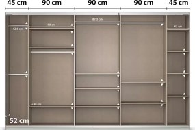 Dressing 360 cm lățime, 3 uși glisante, oglindă pe mijloc, culoare albă, material PAL, compartimentare premium, înălțime 229 cm