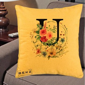 Cadou Personalizat - Perna Personalizata Monogram Litera U cu Flori Acuarela, 40x40 cm, Galben, Husa Detasabila, Perna Inclusa, BEKZ®