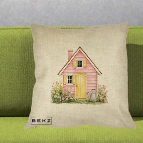 Perna Decorativa Casuta Roz Acuarela cu Gradina, 40x40 cm, Crem, Husa Detasabila, Perna Inclusa, BEKZ®