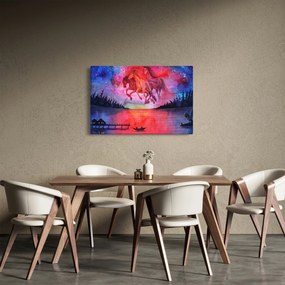 Tablou - Apariția cailor spațiali peste lac, acuarelă (90x60 cm)