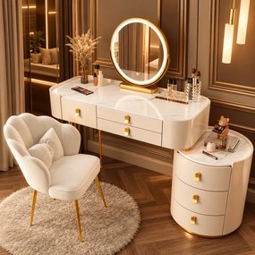 Set LUCIA WHITE – Masă de Toaletă pentru Machiaj, Blat imitatie marmura, Oglindă Iluminată LED, Control Touch, 6 sertare, Comoda, Scaun, Alb