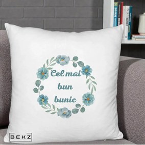 Cadou pentru Bunic - Perna Personalizata Cel Mai Bun Bunic Coronita Flori Albastre Teal, 40x40 cm, Alb Pufos, Husa Detasabila, Perna Inclusa, BEKZ®