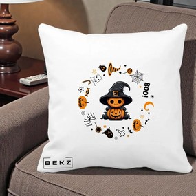 Perna Decorativa Halloween Dovleac Vrajitor Boo cu Simboluri, 40x40 cm, Alba Mata, Husa Detasabila, Perna Inclusa, BEKZ®