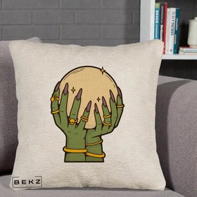 Perna Decorativa Halloween Maini Vrajitoare cu Glob de Cristal, 40x40 cm, Bej Canapea, Husa Detasabila, Perna Inclusa, BEKZ®