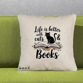 Perna Personalizata Life is Better Cats and Books, 40x40 cm, Bej Canapea, Husa Detasabila, Perna Inclusa, BEKZ®