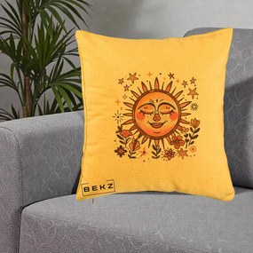 Perna Decorativa Soare Retro Boho Floral, 40x40 cm, Galben, Husa Detasabila, Perna Inclusa, BEKZ®
