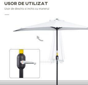 Outsunny Umbrelă Semicirculară de Perete cu Deschidere cu Manivelă și 5 Spițe, 2.6x1.35x2.3 m, Alb | Aosom Romania