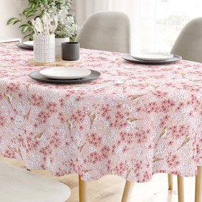 Goldea față de masă 100% bumbac - păsări în grădină roz - ovală 140 x 180 cm