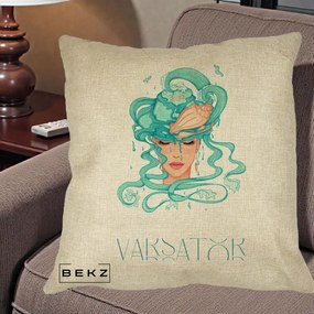 Perna Personalizata Zodiac Varsator Cowgirl, 40x40 cm, Crem, Husa Detasabila, Perna Inclusa, BEKZ®