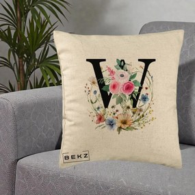 Cadou Personalizat - Perna Personalizata Monograma Florala Litera W, 40x40 cm, Bej, Husa Detasabila, Perna Inclusa, BEKZ®
