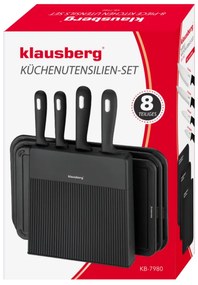 Klausberg KB 7980 set cuțit și placă de tăiat, 8 piese, Oțel inoxidabil, Suport, Negru/inox