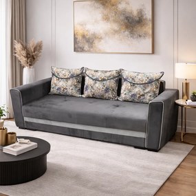 Canapea LILI extensibila, 3 locuri, cu lada de depozitare, catifea gri , 220x95x80 Gri, Catifea