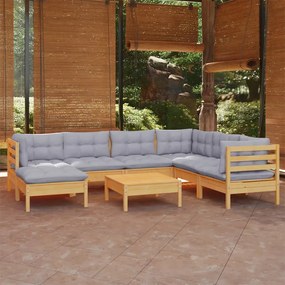 Set mobilier de gradina cu perne gri, 8 piese, lemn masiv pin
