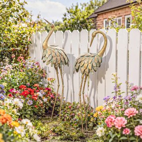 Outsunny Set de 2 statui de grădină, sculptură de stârc din metal, statui de păsări 91/95cm, pentru curte, iaz, terasă, auriu/albastru | Aosom Romania