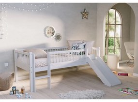 Pat pentru copii alb, înalt, din lemn de stejar, cu tobogan, cu somieră 90x200 cm Forrest – Vipack