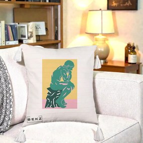 Perna Decorativa Ganditorul Sculptura Pop Art, 40x40 cm, Bej cu Franjuri, Husa Detasabila, Perna Inclusa, BEKZ®