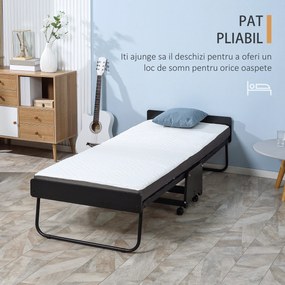 HOMCOM Pat pliant cu saltea de 10 cm inaltime, pat pentru o persoana cu roti si lamele, 80x200 cm, negru
