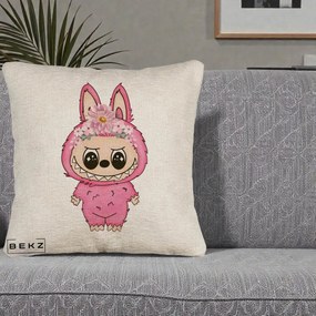 Perna Personalizata Labubu Roz cu Coroana Florala, 40x40 cm, Bej Canapea, Husa Detasabila, Perna Inclusa, BEKZ®