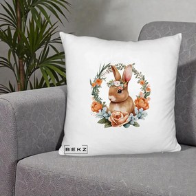 Perna Decorativa Iepuras Floral Coronita Acuarela, 40x40 cm, Alb Pufos, Husa Detasabila, Perna Inclusa, BEKZ®