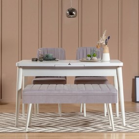 Masă de sufragerie extensibilă cu 2 scaune și bancă Vlasta (alb + gri). 1073070