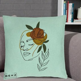 Perna Decorativa Portret Feminin Trandafir Ruginiu, 40x40 cm, Verde Menta, Husa Detasabila, Perna Inclusa, BEKZ®