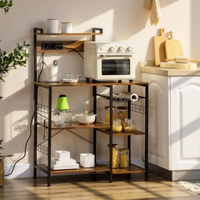 HOMCOM Raft de Bucatarie cu Prize Mutiple, Dulap Bucatarie pentru Microunde cu Rafturi si Cos din Sarma Stil Industrial, 90x42x130cm, Maro