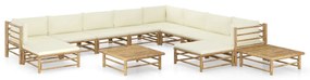 Set mobilier de gradina, 12 piese, perne alb crem, bambus Crem, 3x colt + 5x mijloc + 2x suport pentru picioare + 2x masa, 1