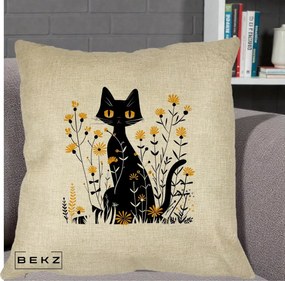 Perna Decorativa Pisica Neagra Ochi Galbeni Flori Galbene, 40x40 cm, Crem, Husa Detasabila, Perna Inclusa, BEKZ®