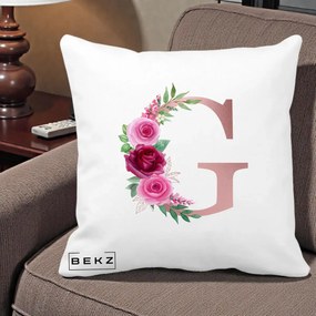 Cadou Personalizat - Perna Personalizata Monograma Rose Gold Litera G, 40x40 cm, Alba Mata, Husa Detasabila, Perna Inclusa, BEKZ®