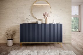 Comodă Nicole 150 cm cu trei sertare - MDF albastru închis / picioare aurii