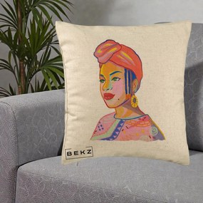 Perna Decorativa Portret Femeie Africana, 40x40 cm, Bej, Husa Detasabila, Perna Inclusa, BEKZ®