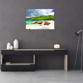 Tablou pe sticlă - Seychelles, plaja Takamaka (70x50 cm)