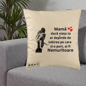 Cadou pentru Mama - Perna Personalizata Mama Nemuritoare Gravura Vintage, 40x40 cm, Bej, Husa Detasabila, Perna Inclusa, BEKZ®