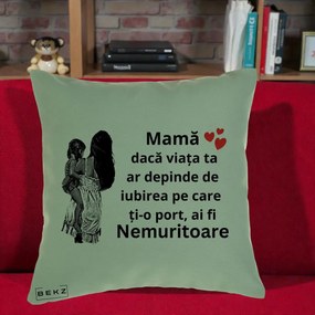 Cadou pentru Mama - Perna Personalizata Mama Nemuritoare Imbratisare, 40x40 cm, Verde, Husa Detasabila, Perna Inclusa, BEKZ®