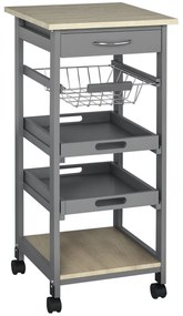 HOMCOM Servitoră de bucătărie pe roți cu panier + 2 tăvi detașabile, sertar, raft in lemn stejar deschis | Aosom Romania