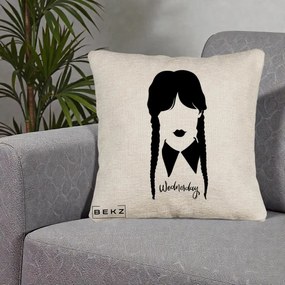 Perna Personalizata Wednesday Addams Silueta Alb-Negru, 40x40 cm, Bej Canapea, Husa Detasabila, Perna Inclusa, BEKZ®