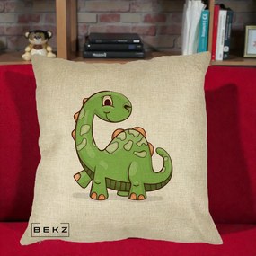 Perna Decorativa Brontosaur Verde Simpatic, 40x40 cm, Crem, Husa Detasabila, Perna Inclusa, BEKZ®