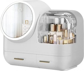 RESIGILAT- Organizator cosmetic cu Ventilator, Oglindă iluminare LED, rotativă 360 grade, portabilă, incarcare USB, depozitare compartimentata, cu sertare, 31x37,5x22 cm, Alb