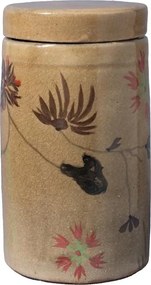 Borcan din ceramică artizanală natur cu capac, motive florale și păsări pictate manual, maro și roșu, 22 × 12 cm, „Campana"