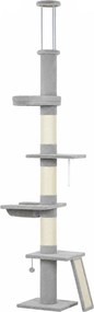 PawHut Ansamblu de Zgâriat pentru Pisici până la Tavan, 230-260 cm, 3 Stâlpi de Zgâriat, Hamac, Pluș, Gri Deschis | Aosom Romania